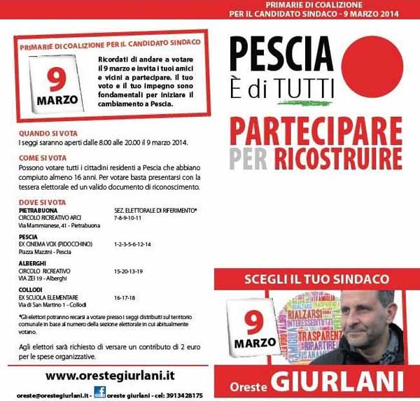 DOMENICA 9 MARZO PRIMARIE PD PER IL SINDACO DI PESCIA