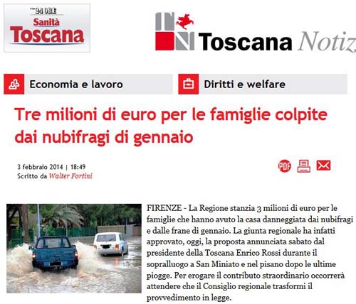 TRE MILIONI DI EURO PER LE FAMIGLIE COLPITE DAI NUBIFRAGI DI GENNAIO