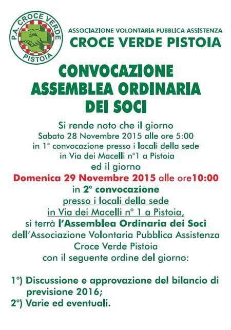 CROCE VERDE PISTOIA, ASSEMBLEA ORDINARIA