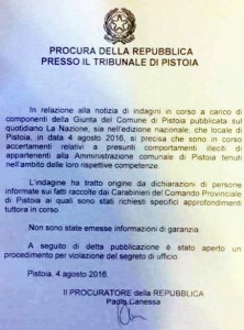 La lettera del Procuratore Capo dottor Paolo Canessa