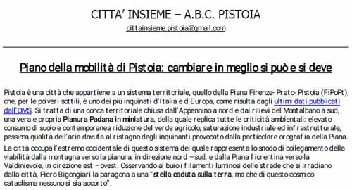 PIANO DELLA MOBILITÀ DI PISTOIA: CAMBIARE IN MEGLIO SI PUÒ E SI DEVE