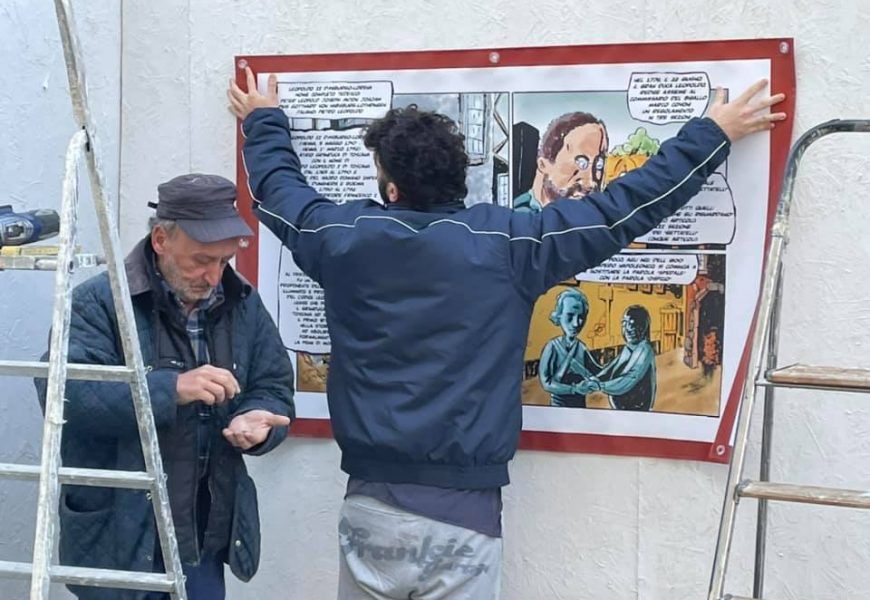 SULLE PARETI DI RECINZIONE DEL CANTIERE IN PIAZZA DELL’OSPEDALE I FUMETTI DI NICCOLÒ STORAI