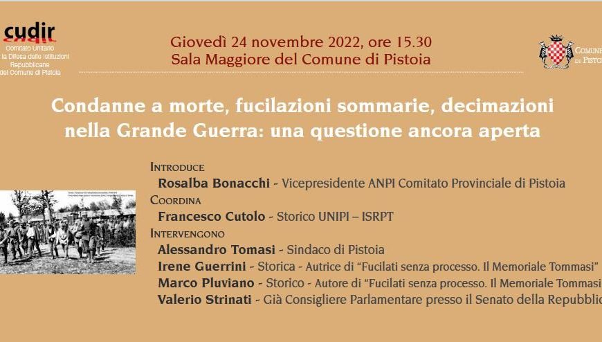 DOMANI IL CONVEGNO “CONDANNE A MORTE, FUCILAZIONI SOMMARIE, DECIMAZIONI NELLA GRANDE GUERRA: UNA QUESTIONE ANCORA APERTA”