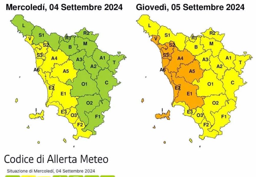 PIOGGIA E TEMPORALI FORTI, CODICE ARANCIONE SULLA COSTA E GIALLO NEL RESTO DELLA TOSCANA